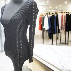 Chic Black Lace-Up Ribbed Dress